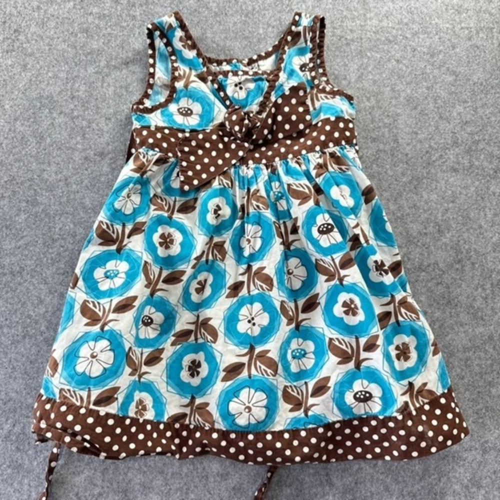Vintage 4T Jona Michelle Girls Blue Floral Brown Polka Dot Sleeveless Dress